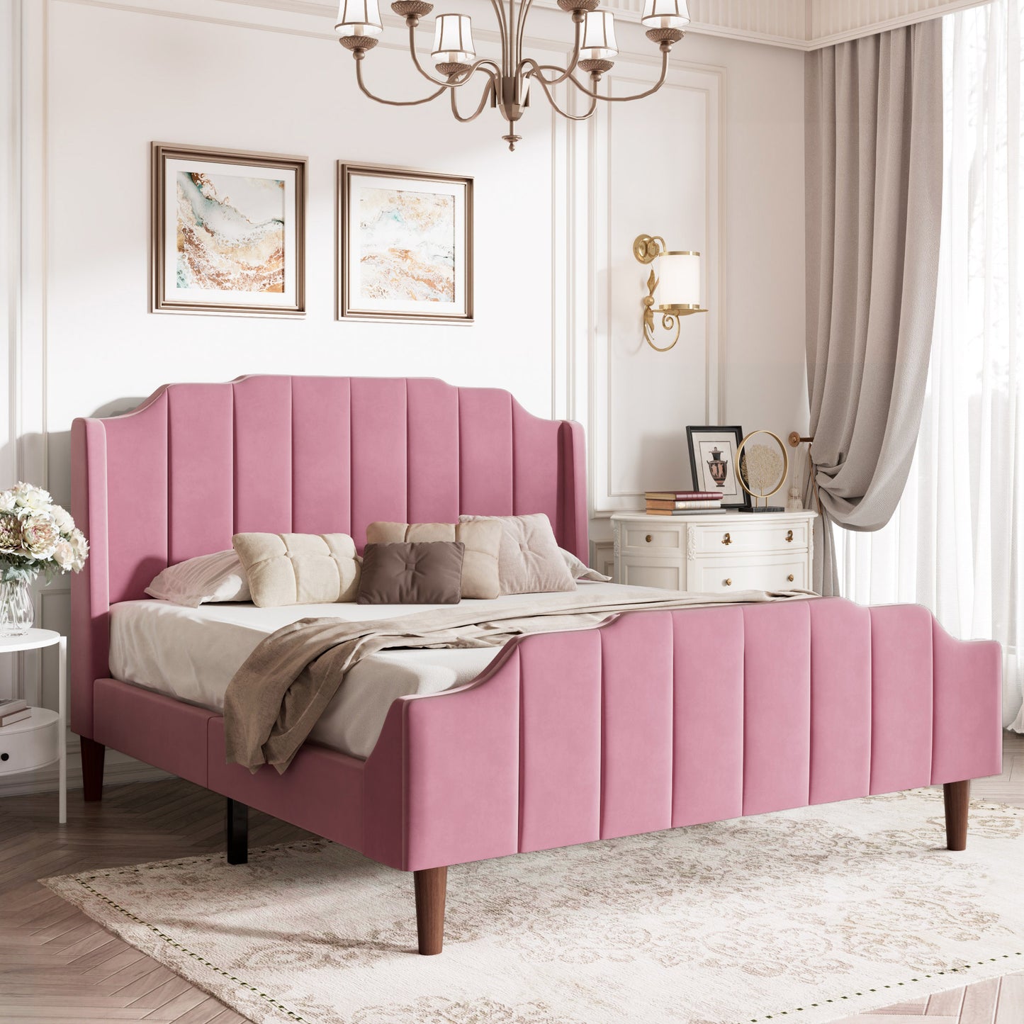 Modern Curved Wood Bed Frame with Upholstered Wingback Headboard