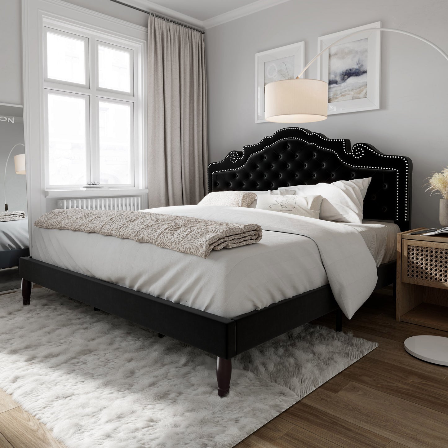 Amolife Size Upholstered Platform Bed Frame with Adjustable Headboard