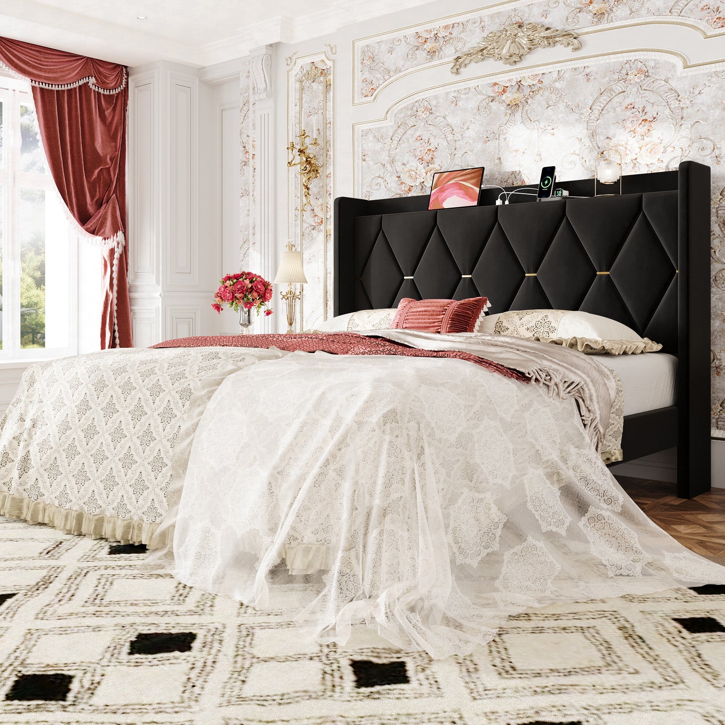 Amolife Upholstered Platform Bed Frame with Charging Station & Velvet Storage Wingback Headboard, No Box Spring Needed