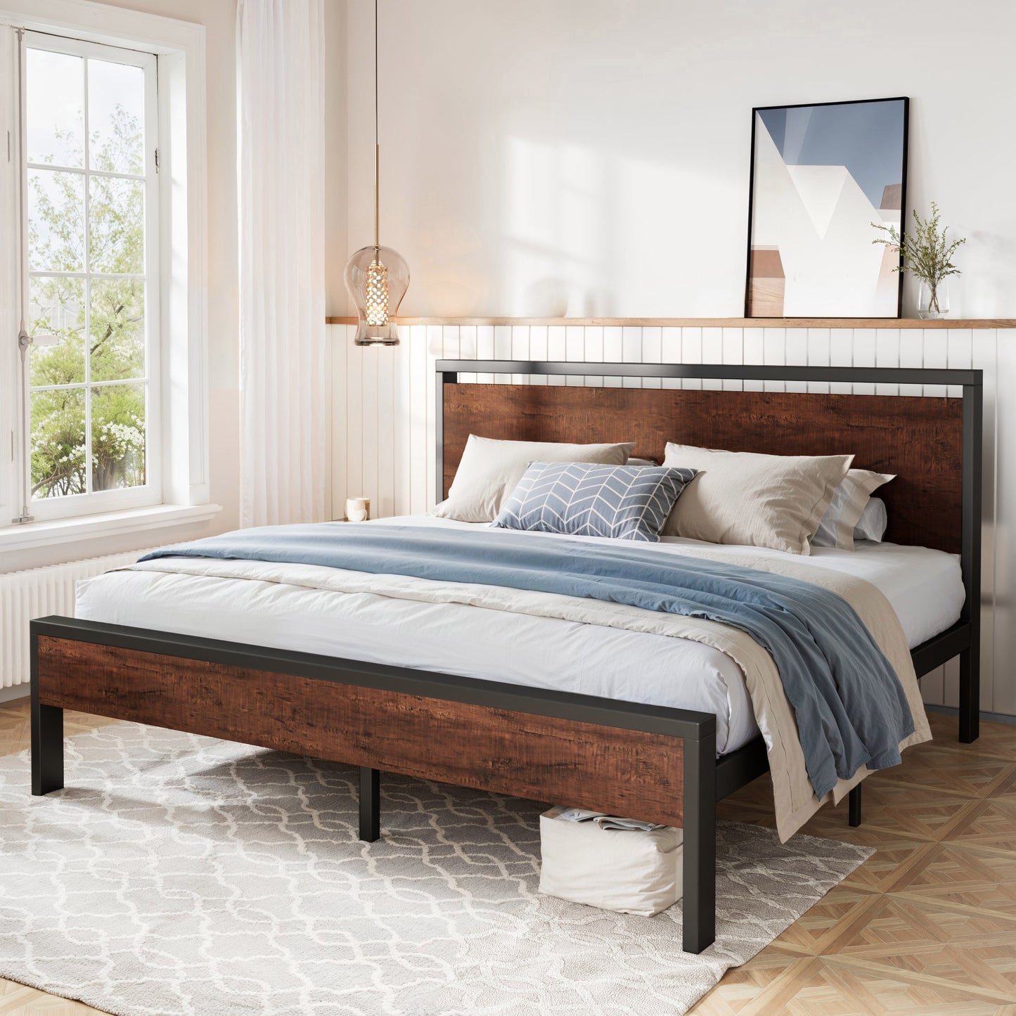 Metal Platform Bed Frame with Rustic Headboard