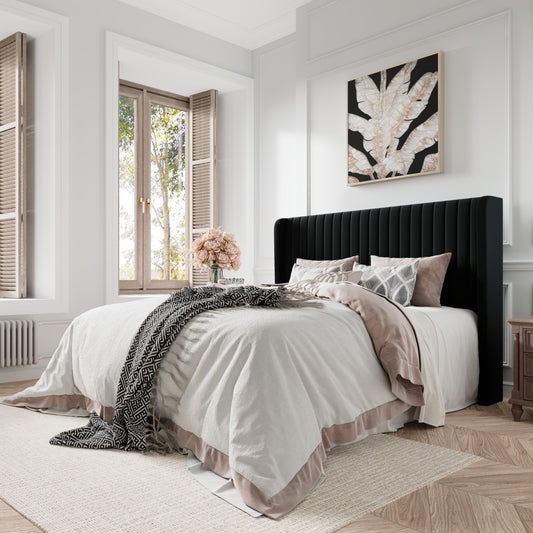 Queen Size Velvet Vertical Stripe Upholstered Bed Frame with Wingback Headboard, Off-White