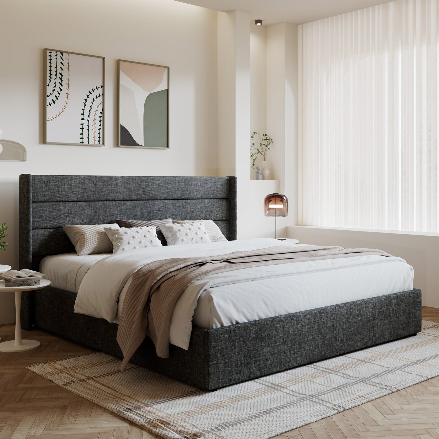 Amolife Bed Frame, Lift Up Storage Platform Bed with Fabric Upholstered Panel Wingback Headboard