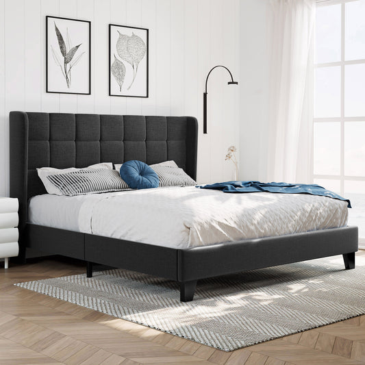 Queen Size Platform Bed with Wingback Headboard, Square Stitched Style, Dark Grey