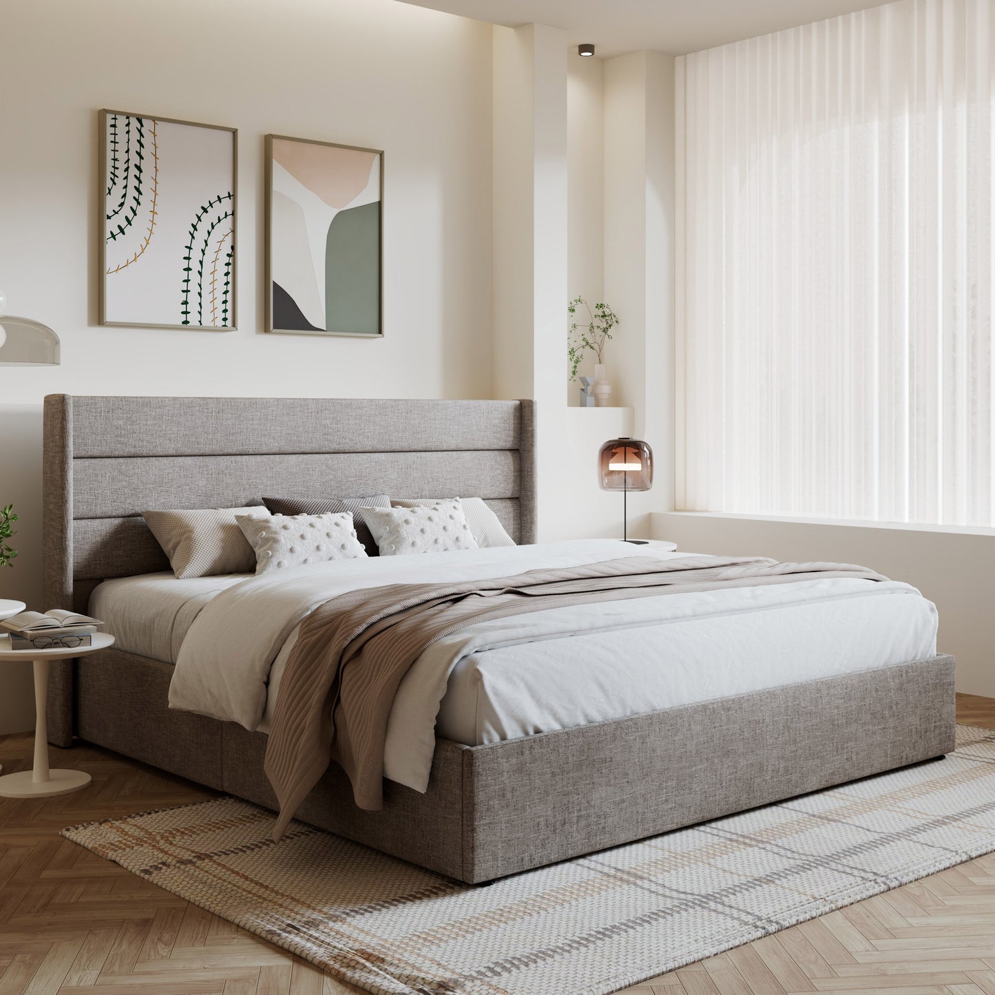 Amolife Bed Frame, Lift Up Storage Platform Bed with Fabric Upholstered Panel Wingback Headboard