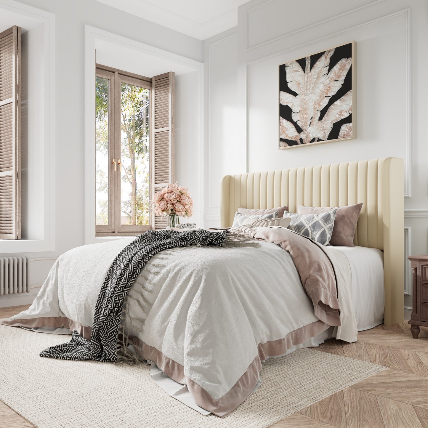 Amolife Velvet Vertical Stripe Upholstered Bed Frame with Wingback Headboard