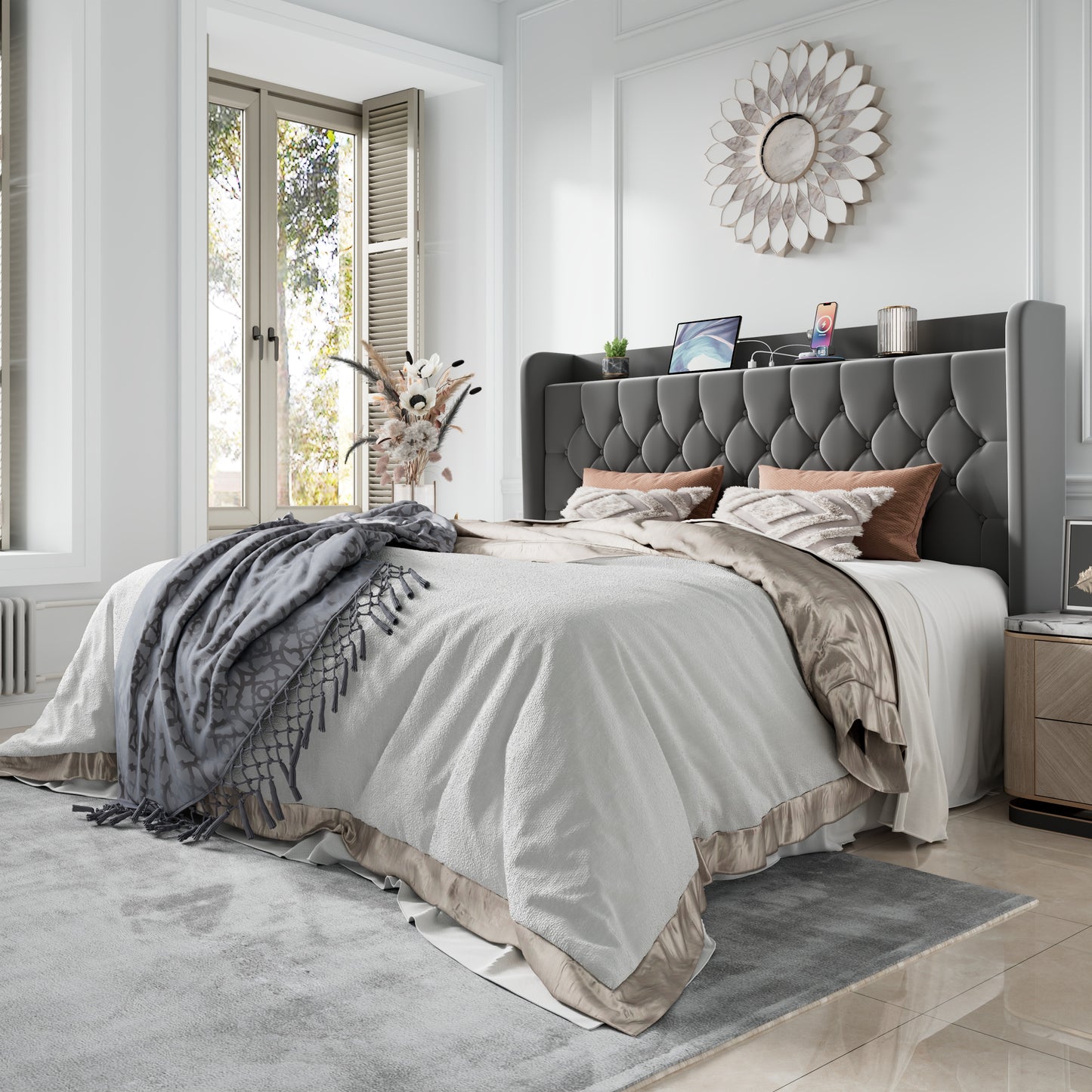 Amolife Bed Frame with Storage Wingback Headboard and Fast Charging Hub, Upholstered Platform Bed, No Box Spring Required