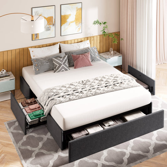 Platform Bed Frame with 3 Storage Drawers, Upholstered Wing Side Panel Design
