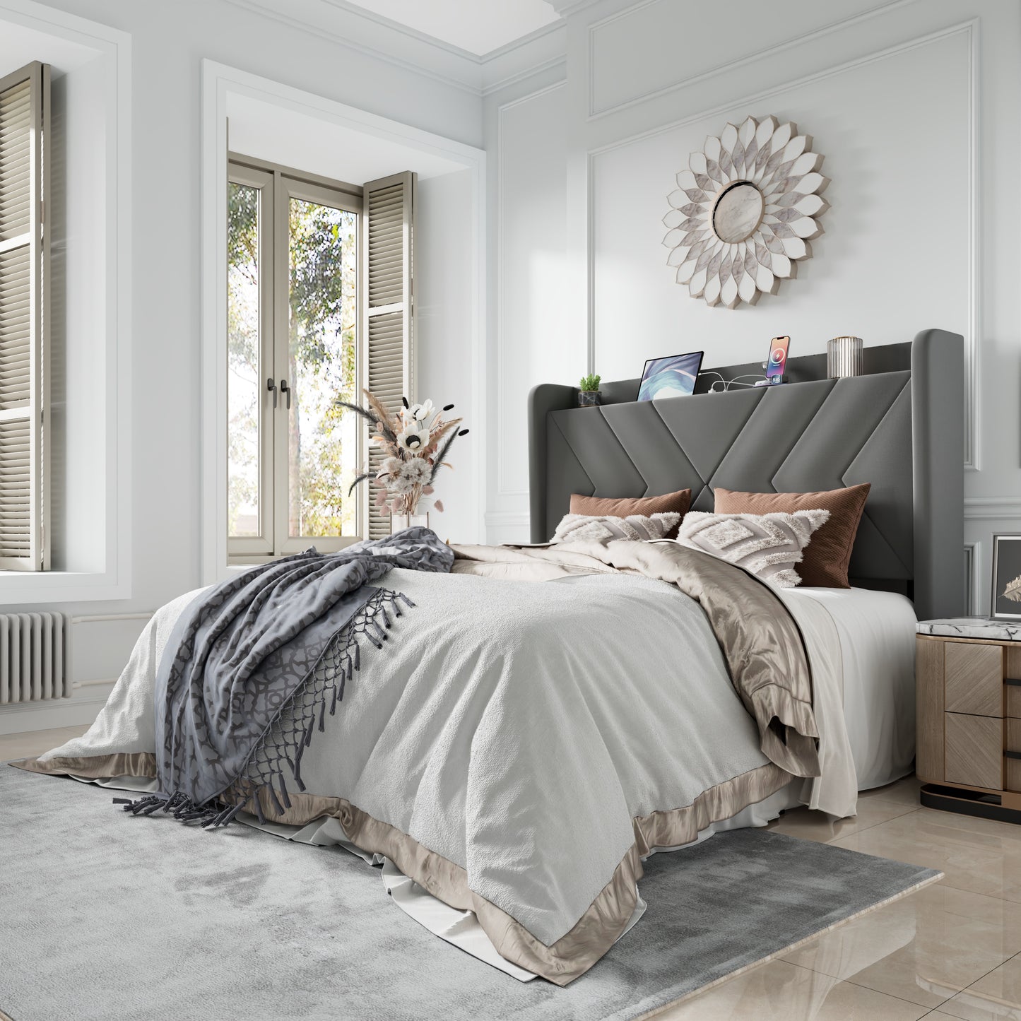 Amolife Platform Bed Frame with 4-in-1 Charging Station & Storage Shelf, Upholstered Velvet Wingback Headboard