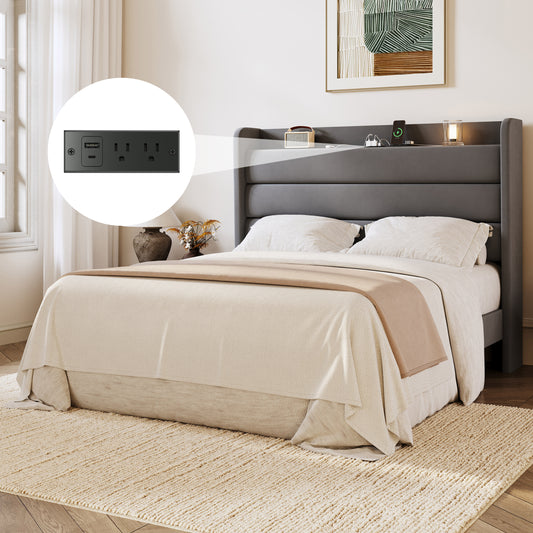Amolife Platform Bed Frame with Upholstered Velvet Wingback Slat Headboard & Built-In Charging Station