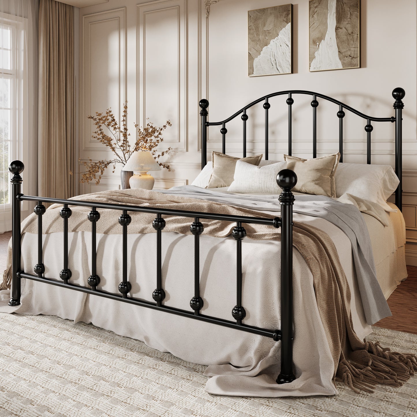 Amolife Full Bed Frame with Victorian Style Iron-Art Headboard and Footboard, Ample Under-Bed Storage Space, No Box Spring Needed, Black
