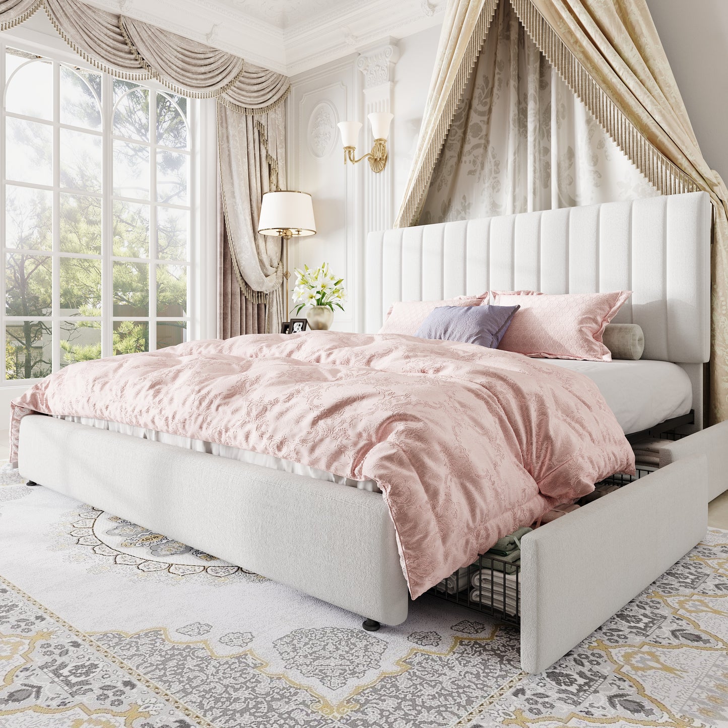 Amolife Bed Frame, Platform Bed with Adjustable Velvet-Wrapped Headboard and 4 Storage Drawers, No Box Spring Required