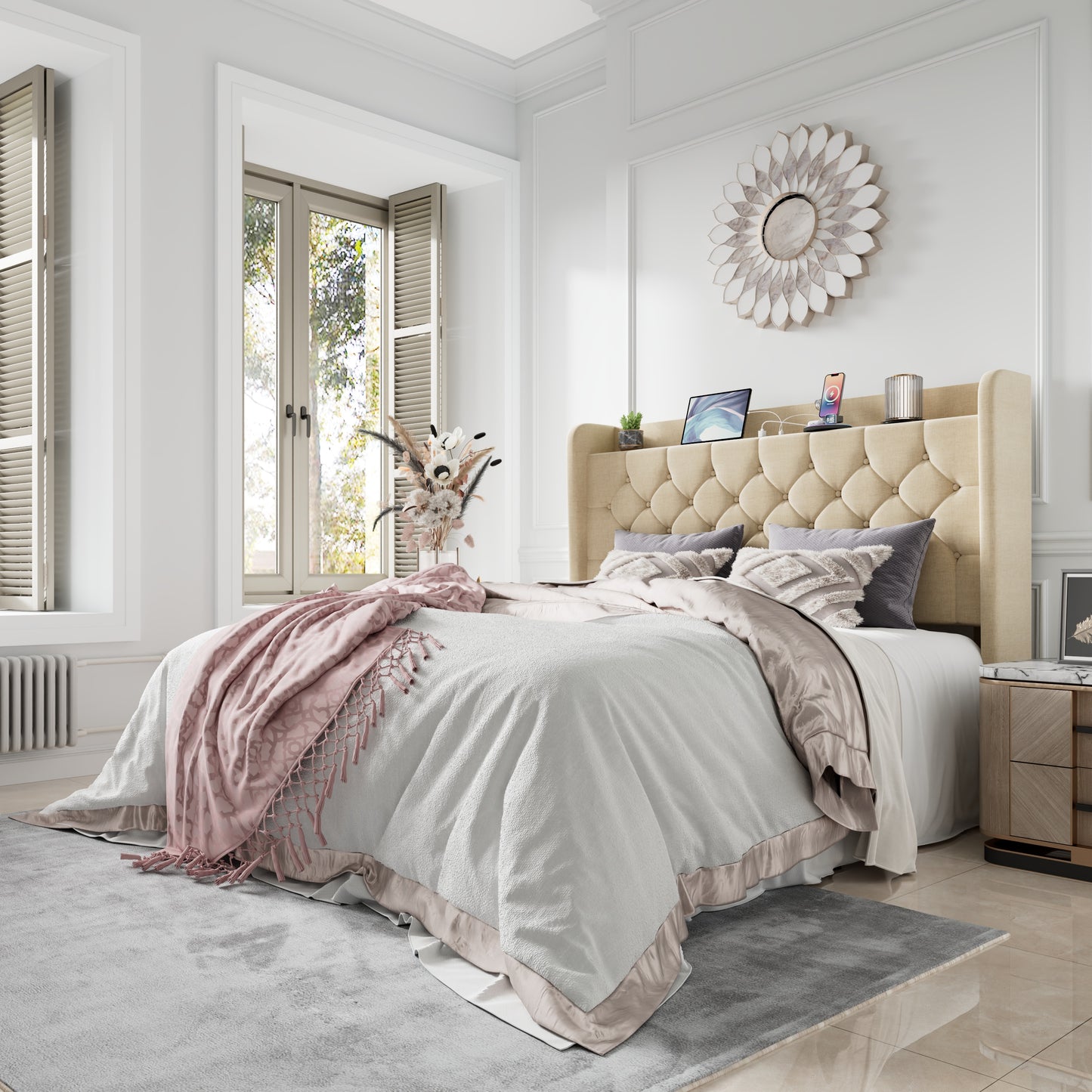 Amolife Bed Frame with Storage Wingback Headboard and Fast Charging Hub, Upholstered Platform Bed, No Box Spring Required