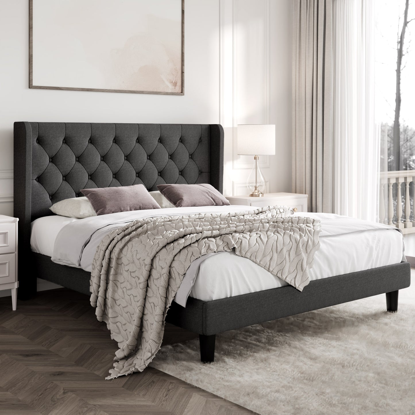 Queen Size Diamond Upholstered Platform Bed Frame with Deluxe Wing Back, Drak Gray