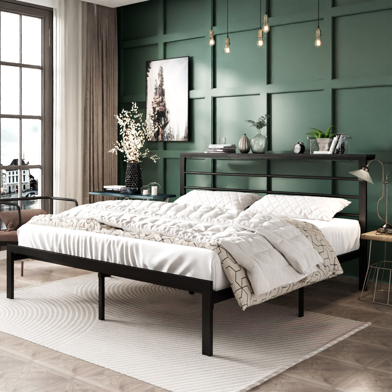 Queen Size Metal Bed Frame with Headboard Shelf, Black Oak