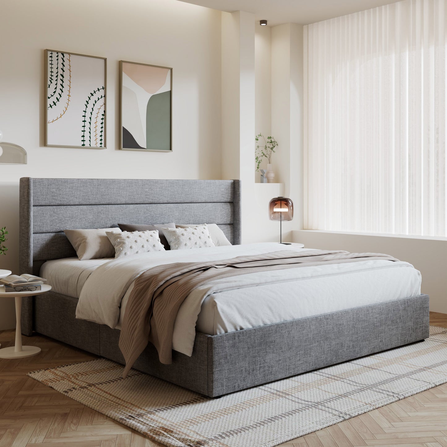 Amolife Bed Frame, Lift Up Storage Platform Bed with Fabric Upholstered Panel Wingback Headboard