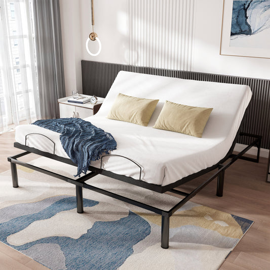 Queen Size Adjustable Bed Frame with Wired Remote Control, Height-adjustable Bed Legs, Black