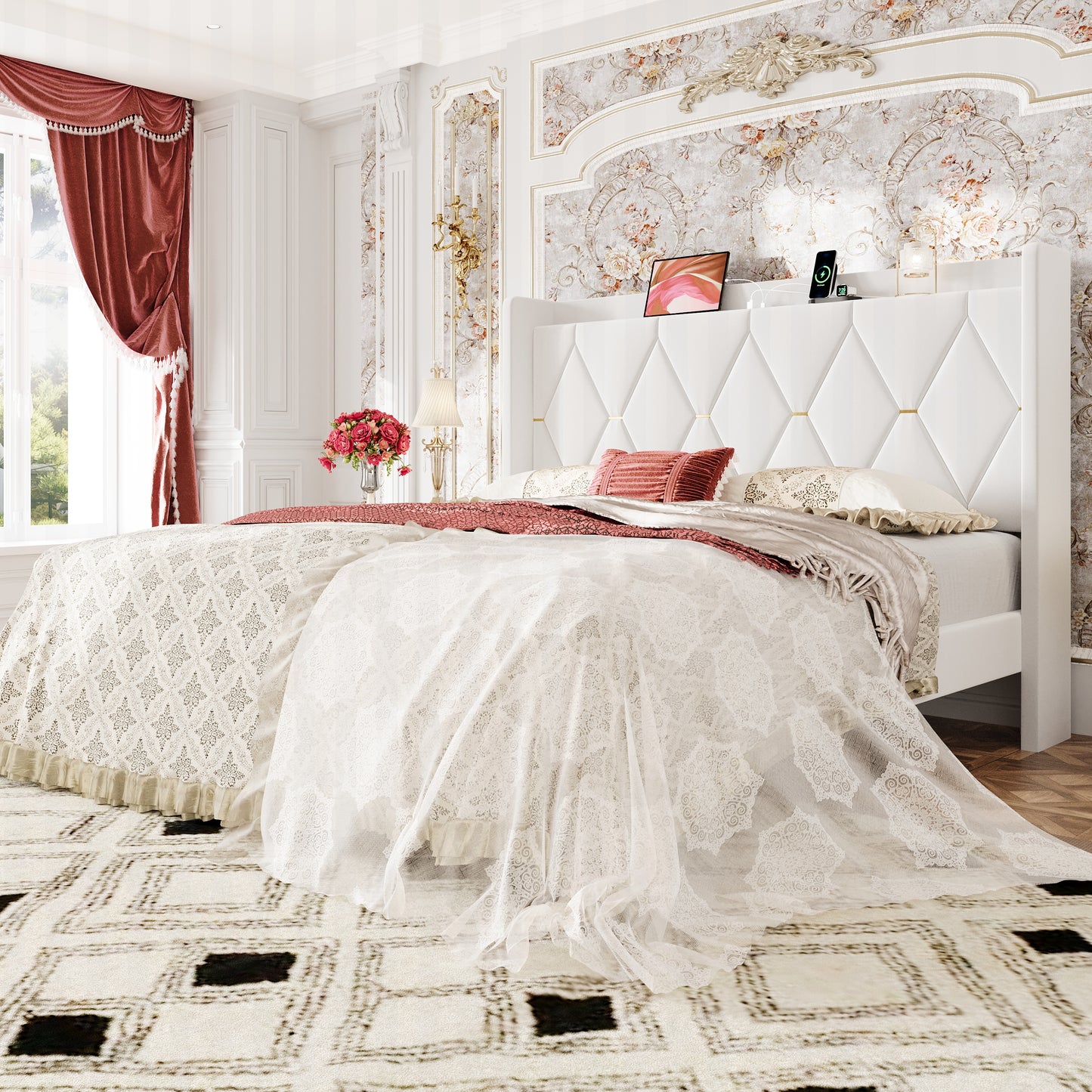 Amolife Upholstered Platform Bed Frame with Charging Station & Velvet Storage Wingback Headboard, No Box Spring Needed