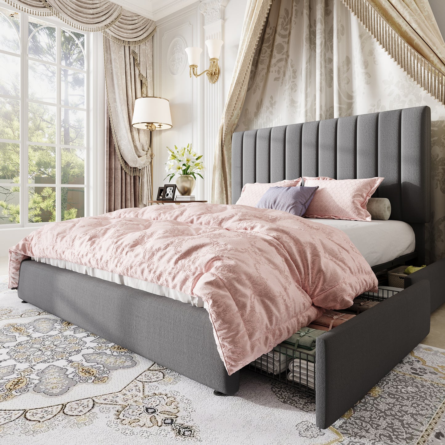 Amolife Bed Frame, Platform Bed with Adjustable Velvet-Wrapped Headboard and 4 Storage Drawers, No Box Spring Required