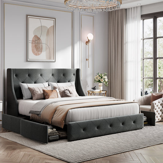 Queen Size Platform Bed Frame with 4 Storage Drawers and Wingback Headboard, Diamond Stitched Button Tufted Style, Dark Gray