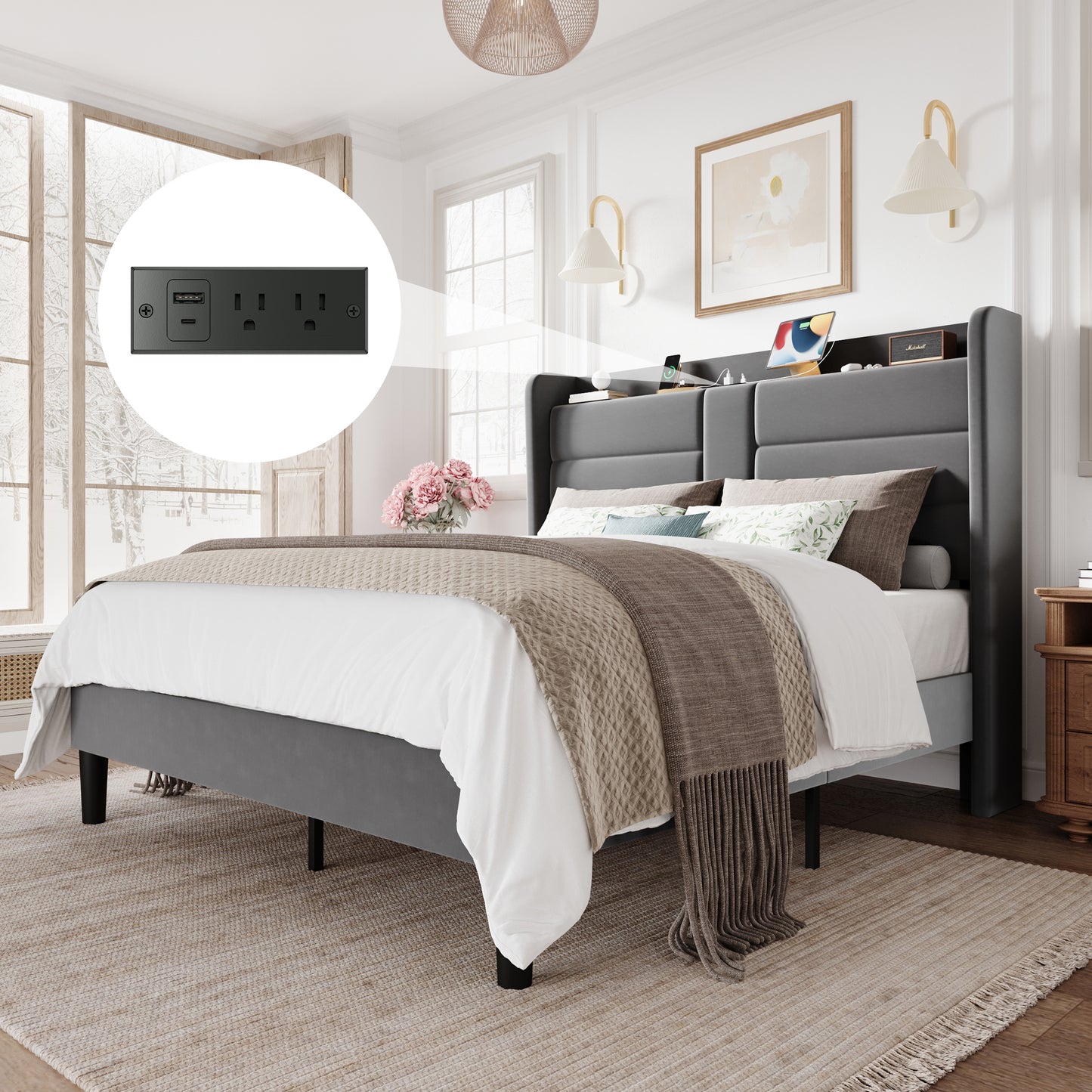 Amolife Upholstered Platform Bed Frame with Velvet Wingback Headboard & USB Charging Ports, No Box Spring Needed