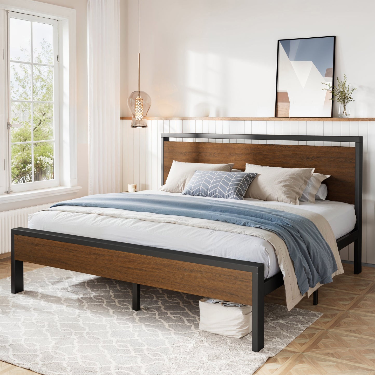 Metal Platform Bed Frame with Rustic Headboard