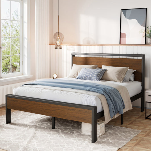 Metal Platform Bed Frame with Rustic Headboard