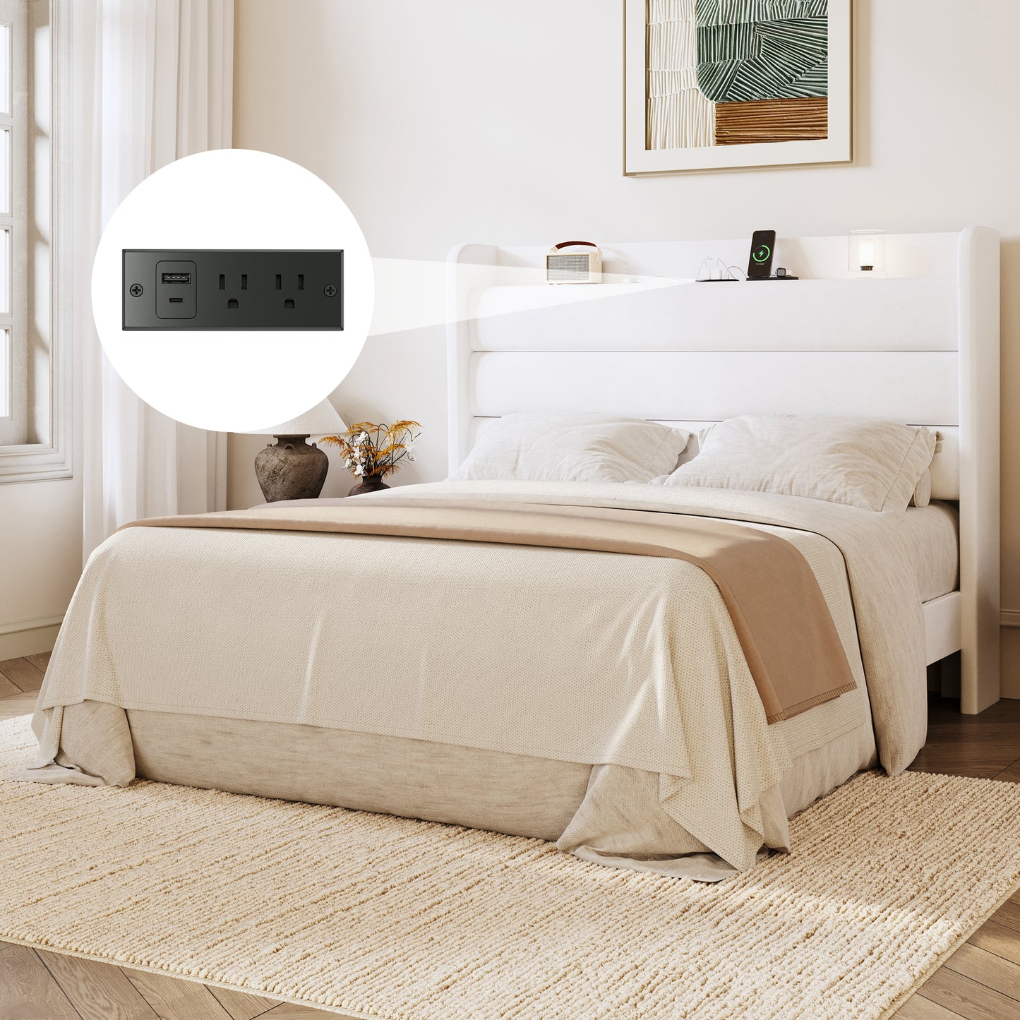 Amolife Platform Bed Frame with Upholstered Velvet Wingback Slat Headboard & Built-In Charging Station