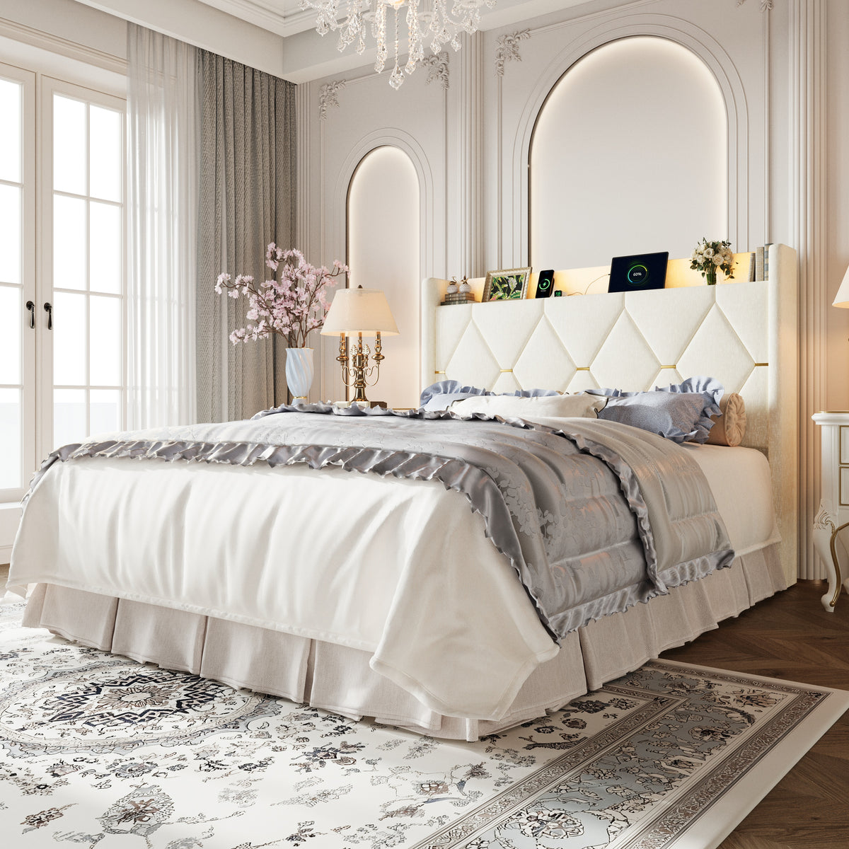Amolife Lift Up Storage Bed Frame, Chenille Multi-Functional Headboard, Ample Under-Bed Storage Space