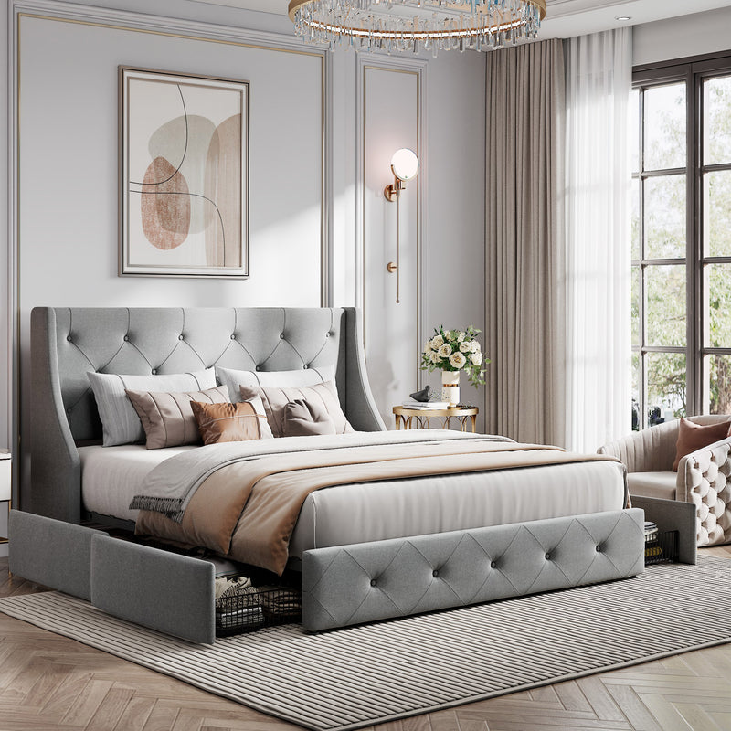 Queen Size Platform Bed Frame with 4 Storage Drawers and Wingback Headboard, Diamond Stitched Button Tufted Style, Dark Gray