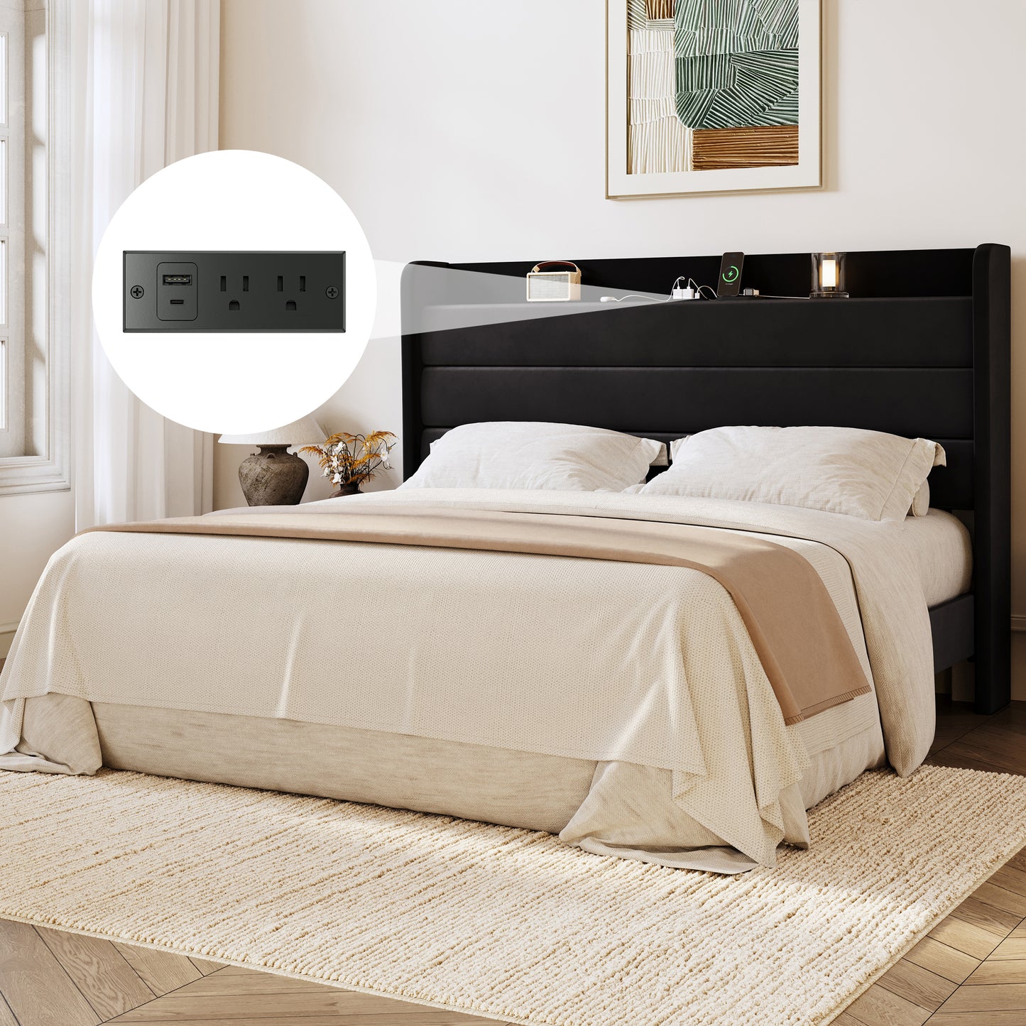 Amolife Platform Bed Frame with Upholstered Velvet Wingback Slat Headboard & Built-In Charging Station