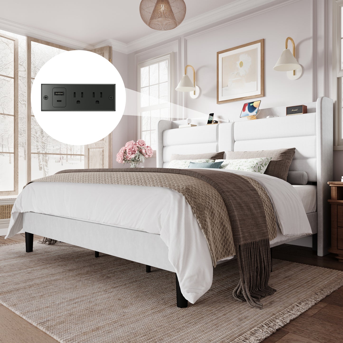 Amolife Upholstered Platform Bed Frame with Velvet Wingback Headboard & USB Charging Ports, No Box Spring Needed