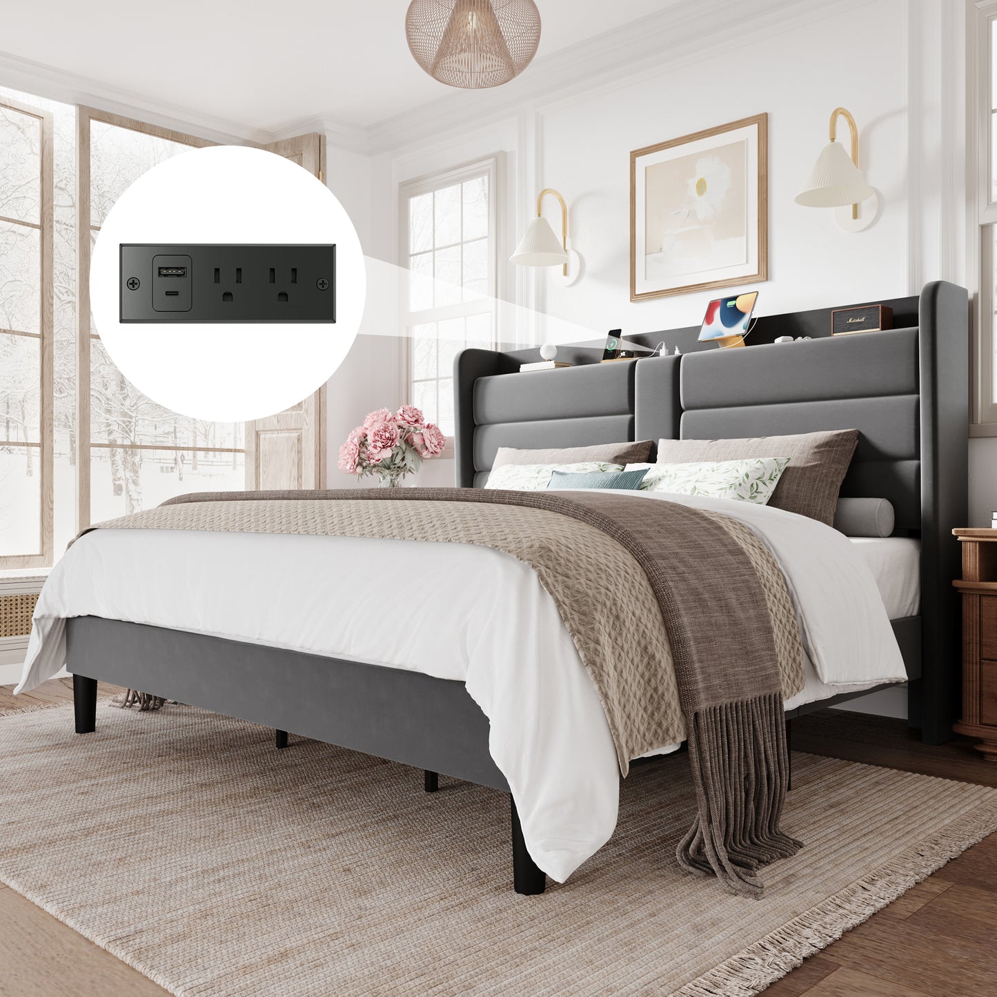 Amolife Upholstered Platform Bed Frame with Velvet Wingback Headboard & USB Charging Ports, No Box Spring Needed