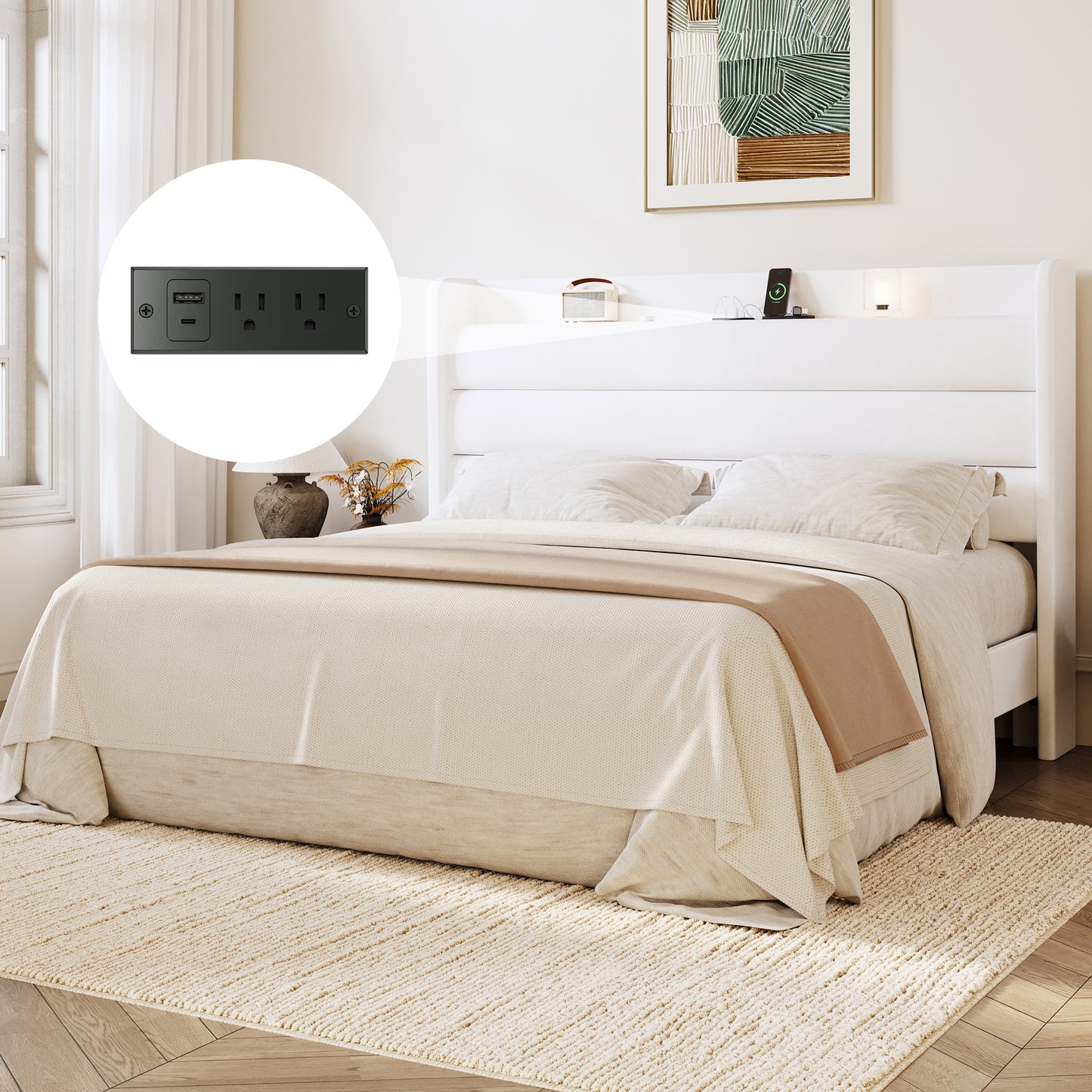 Amolife Platform Bed Frame with Upholstered Velvet Wingback Slat Headboard & Built-In Charging Station