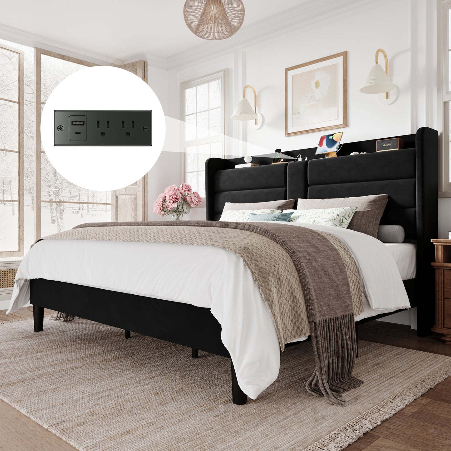 Amolife Upholstered Platform Bed Frame with Velvet Wingback Headboard & USB Charging Ports, No Box Spring Needed