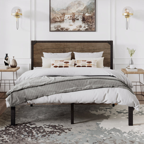 Amolife Metal Platform Bed Frame with Industrial Wooden Rivet Headboard