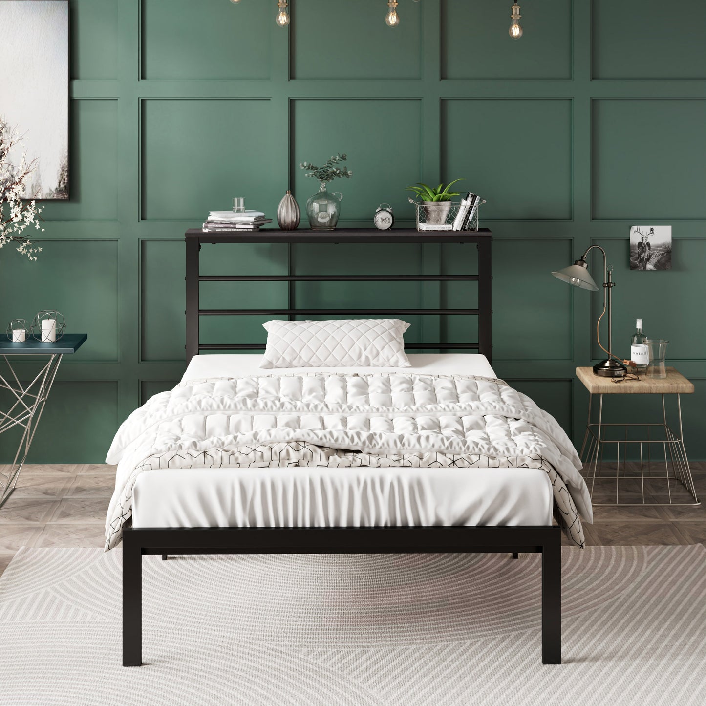 Queen Size Metal Bed Frame with Headboard Shelf, Black Oak