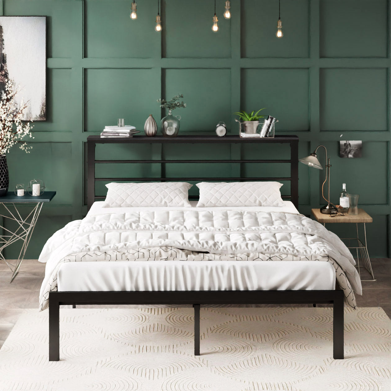 Queen Size Metal Bed Frame with Headboard Shelf, Black Oak