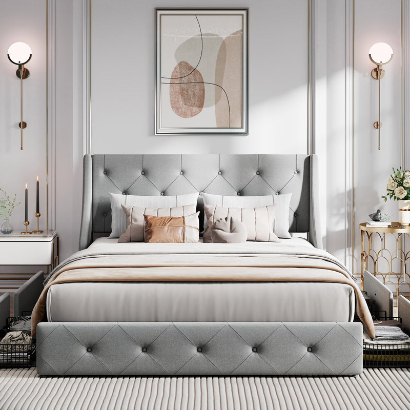 Queen Size Platform Bed Frame with 4 Storage Drawers and Wingback Headboard, Diamond Stitched Button Tufted Style, Dark Gray
