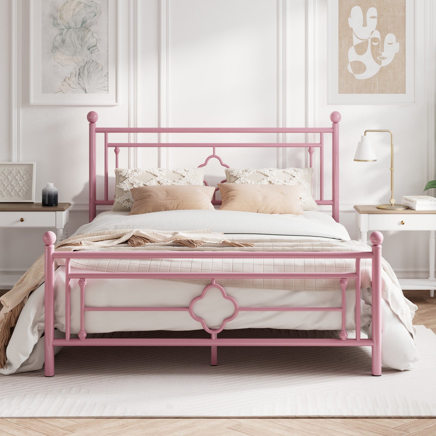 Queen Size Metal Bed Frame with Vintage Cross Pattern Headboard and Footboard, Black