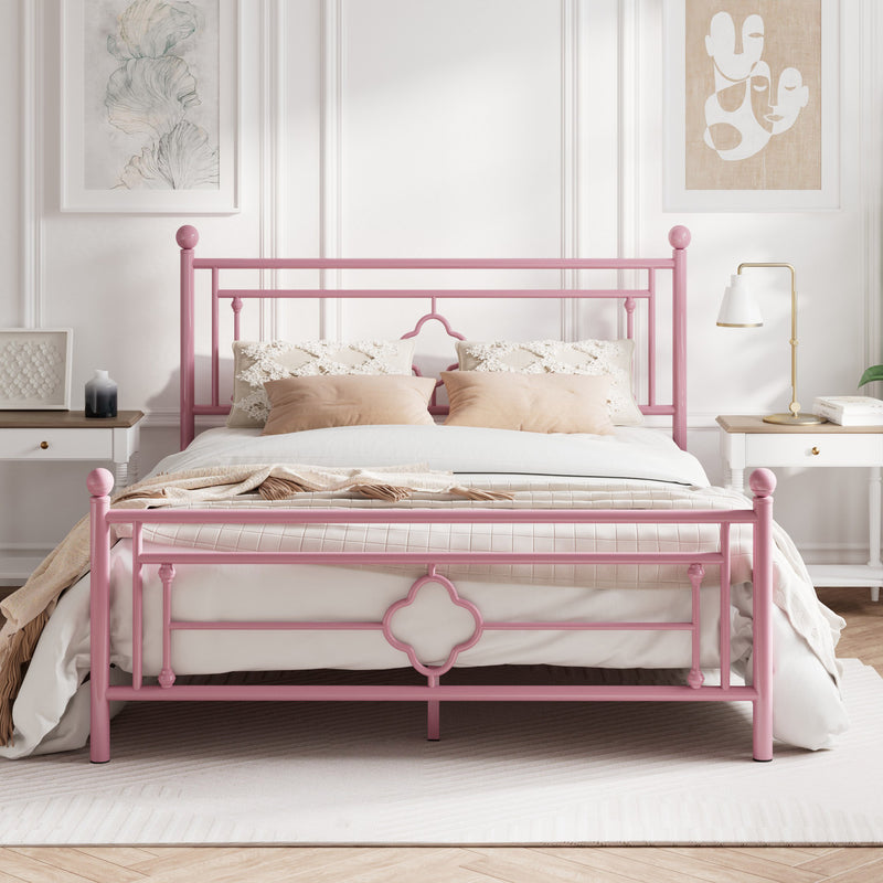Queen Size Metal Bed Frame with Vintage Cross Pattern Headboard and Footboard, Black