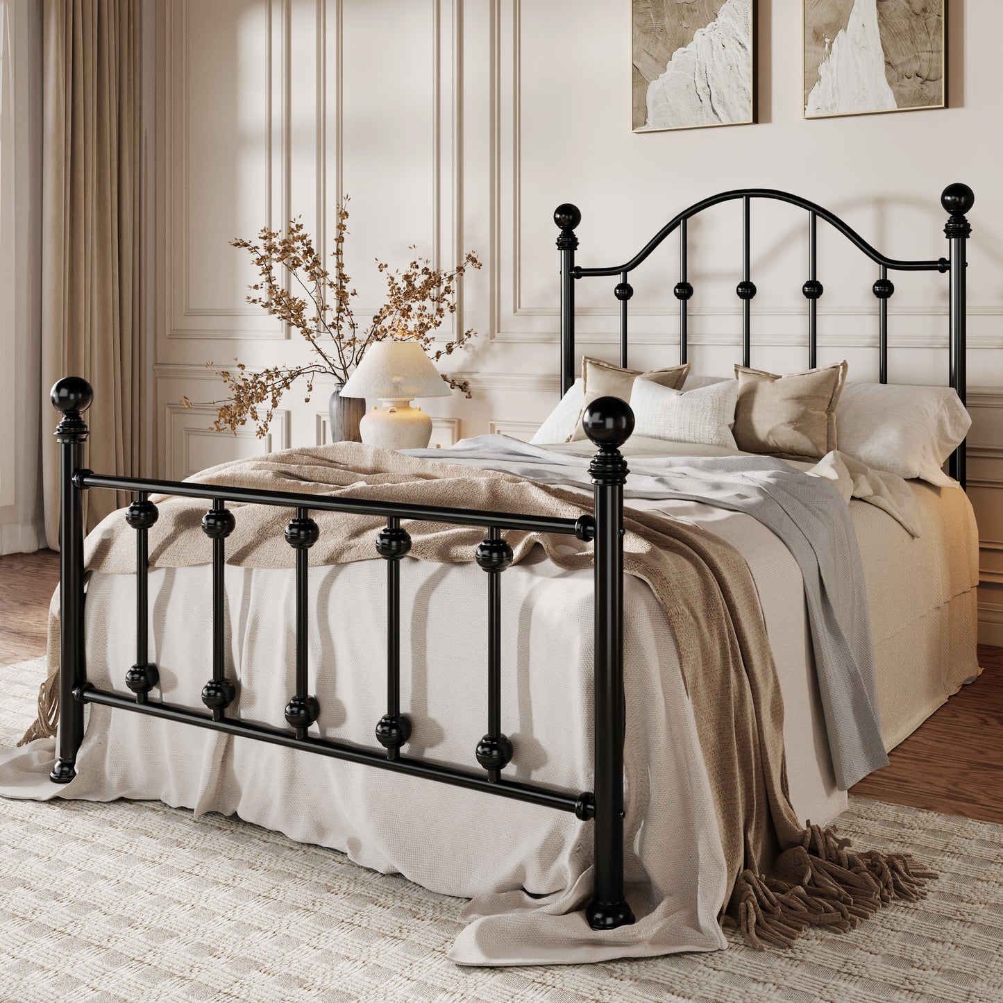 Amolife Full Bed Frame with Victorian Style Iron-Art Headboard and Footboard, Ample Under-Bed Storage Space, No Box Spring Needed, Black