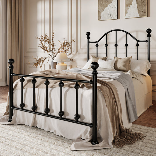 Amolife Full Bed Frame with Victorian Style Iron-Art Headboard and Footboard, Ample Under-Bed Storage Space, No Box Spring Needed, Black