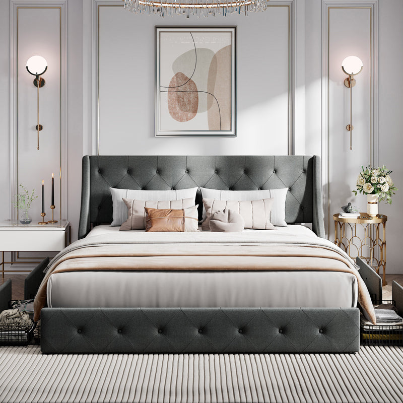 Queen Size Platform Bed Frame with 4 Storage Drawers and Wingback Headboard, Diamond Stitched Button Tufted Style, Dark Gray