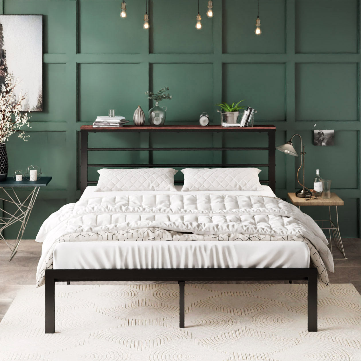 Queen Size Metal Bed Frame with Headboard Shelf, Black Oak
