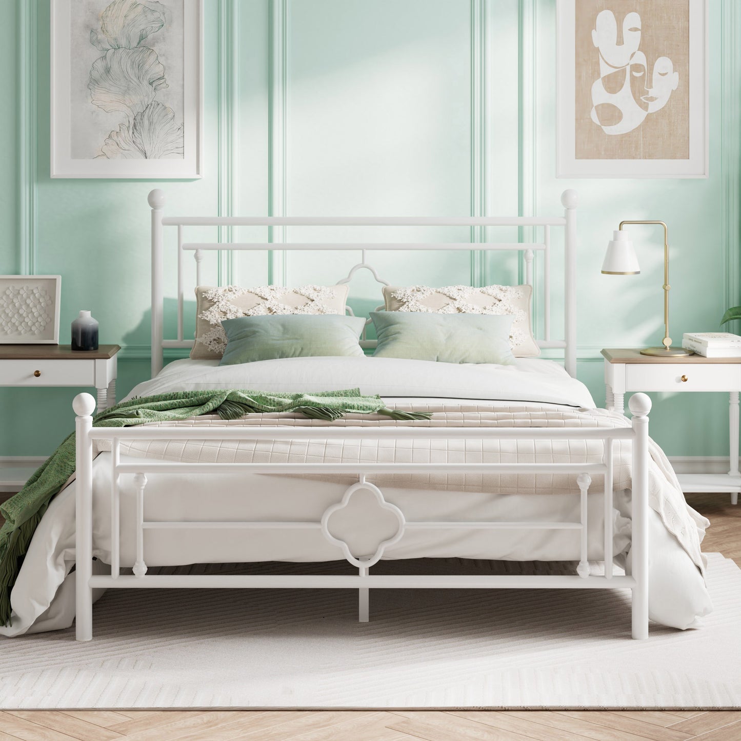 Queen Size Metal Bed Frame with Vintage Cross Pattern Headboard and Footboard, Black