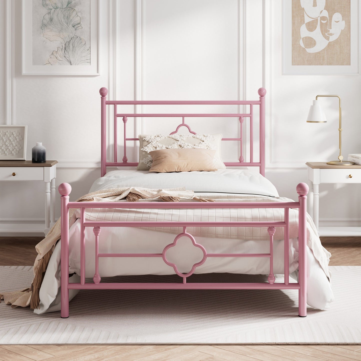 Queen Size Metal Bed Frame with Vintage Cross Pattern Headboard and Footboard, Black
