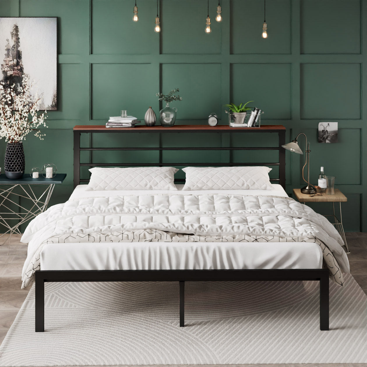 Queen Size Metal Bed Frame with Headboard Shelf, Black Oak