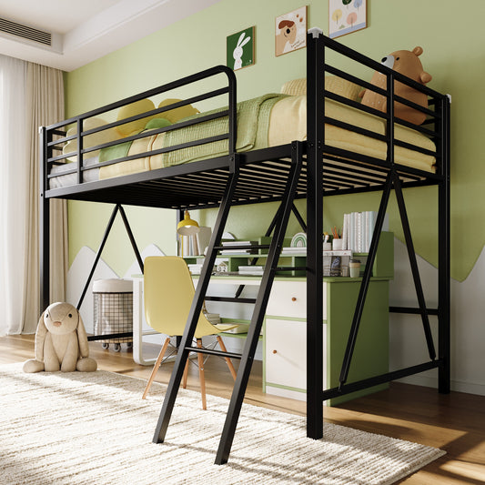 Amolife Twin Metal Loft Bed Frame with Ladder, High Loft Bed with Full-Length Safety Guardrails, Heavy Duty Space Saving Platform Bed, No Box Spring Needed