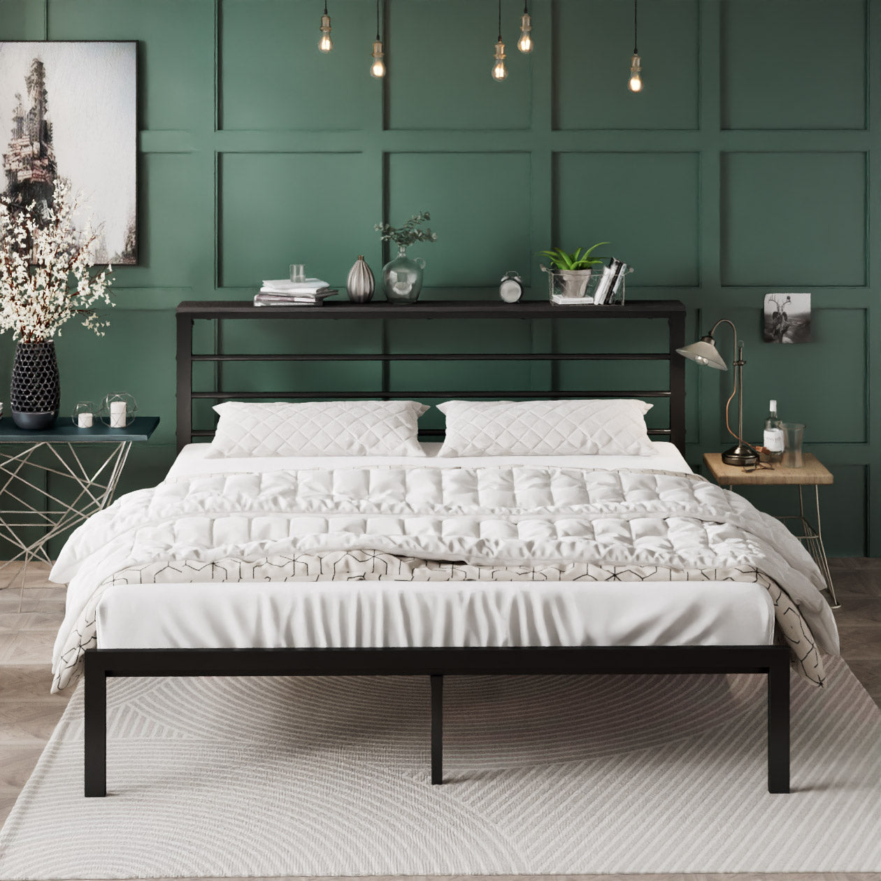 Queen Size Metal Bed Frame with Headboard Shelf, Black Oak