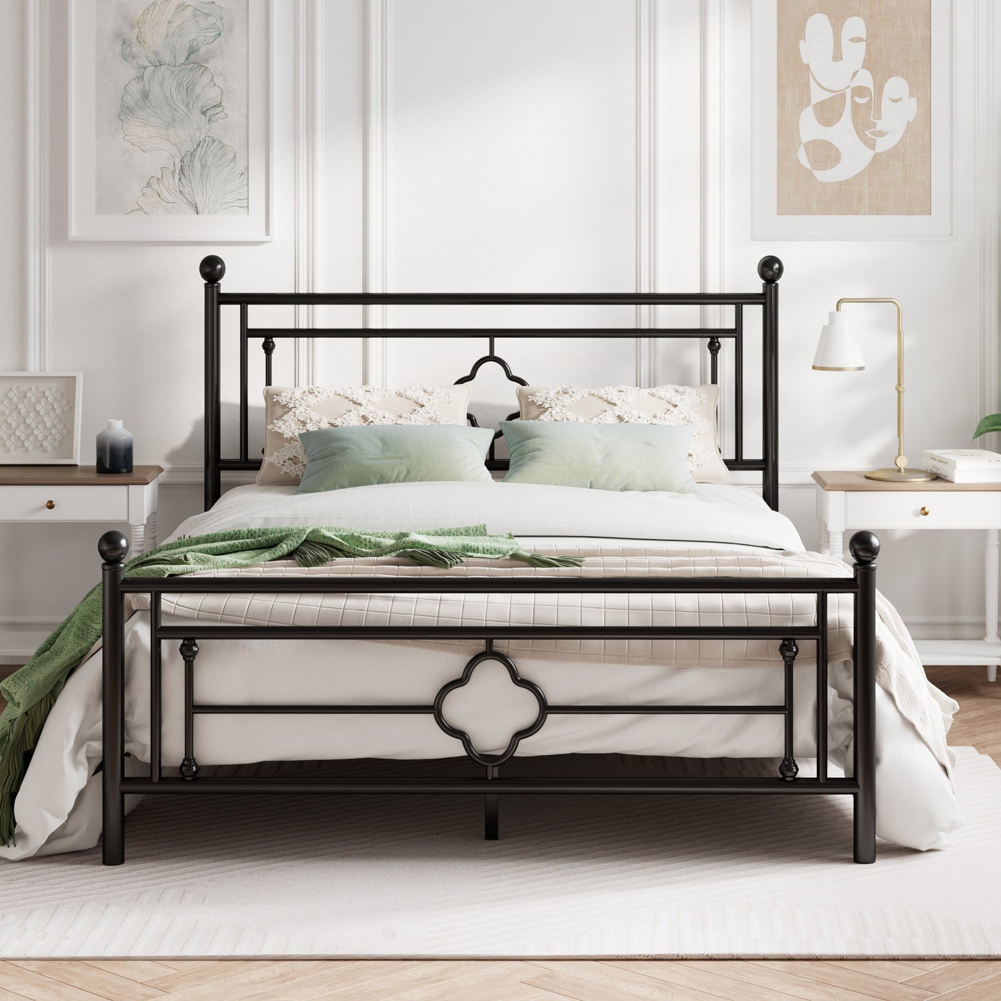Queen Size Metal Bed Frame with Vintage Cross Pattern Headboard and Footboard, Black